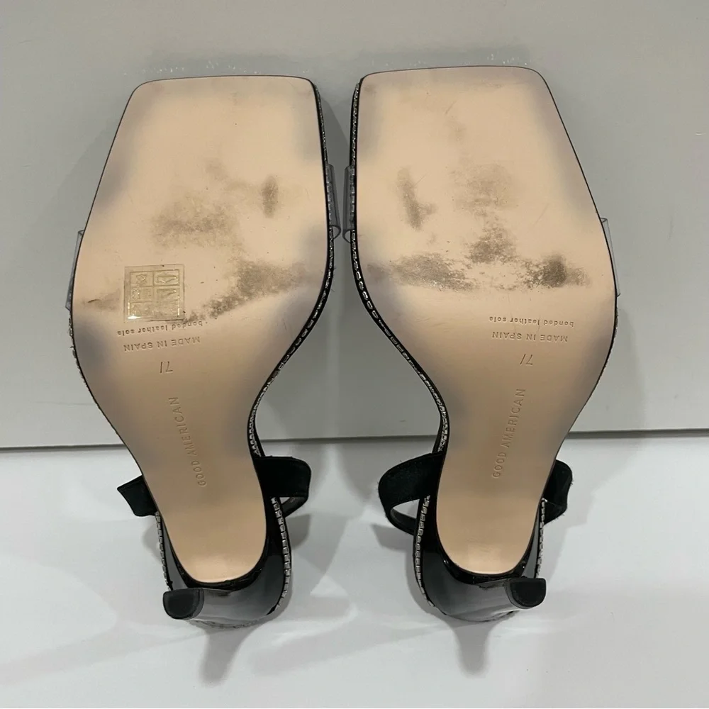 Good American Women's 7 Crystal Crush Lucite Satin Rhinestone Stilletto Heels